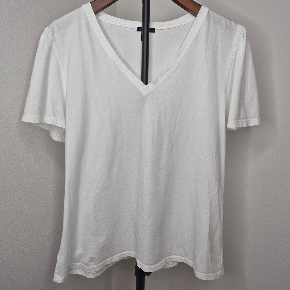 Ann Taylor White V-Neck Puff Sleeve Cotton Tee Shirt XL Clean Minimalist Classic
